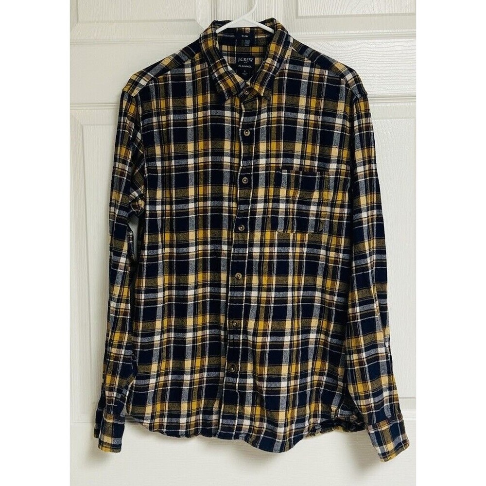 J.Crew Men's Slim Fit Flannel Shirt Mens Size L Yellow & Navy Plaid 100% Cotton
